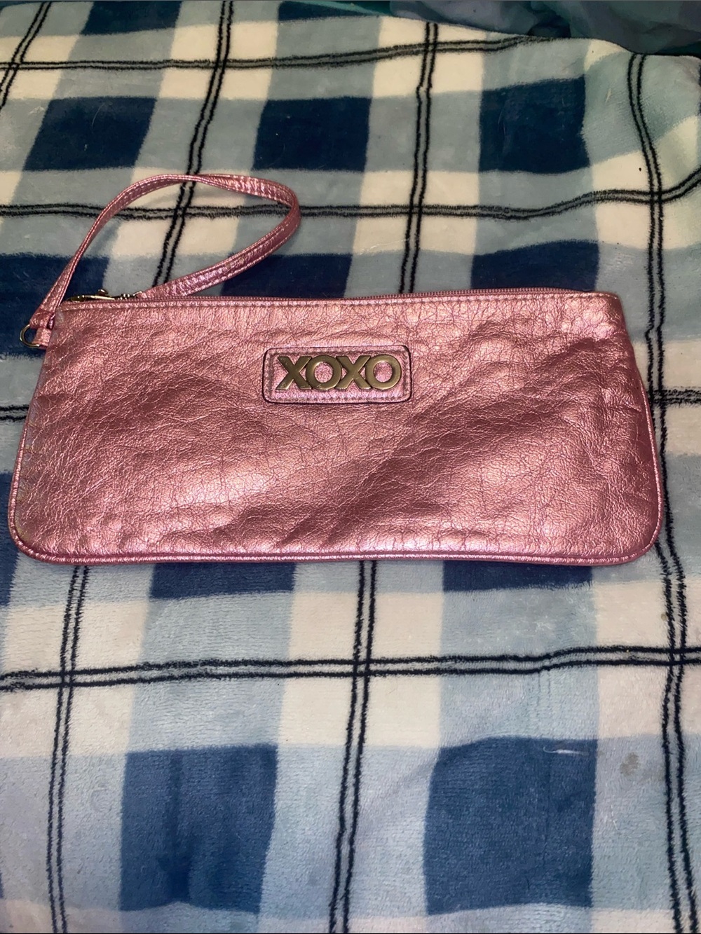 XOXO Metallic Pink Wristlet Clutch with Logo Plate